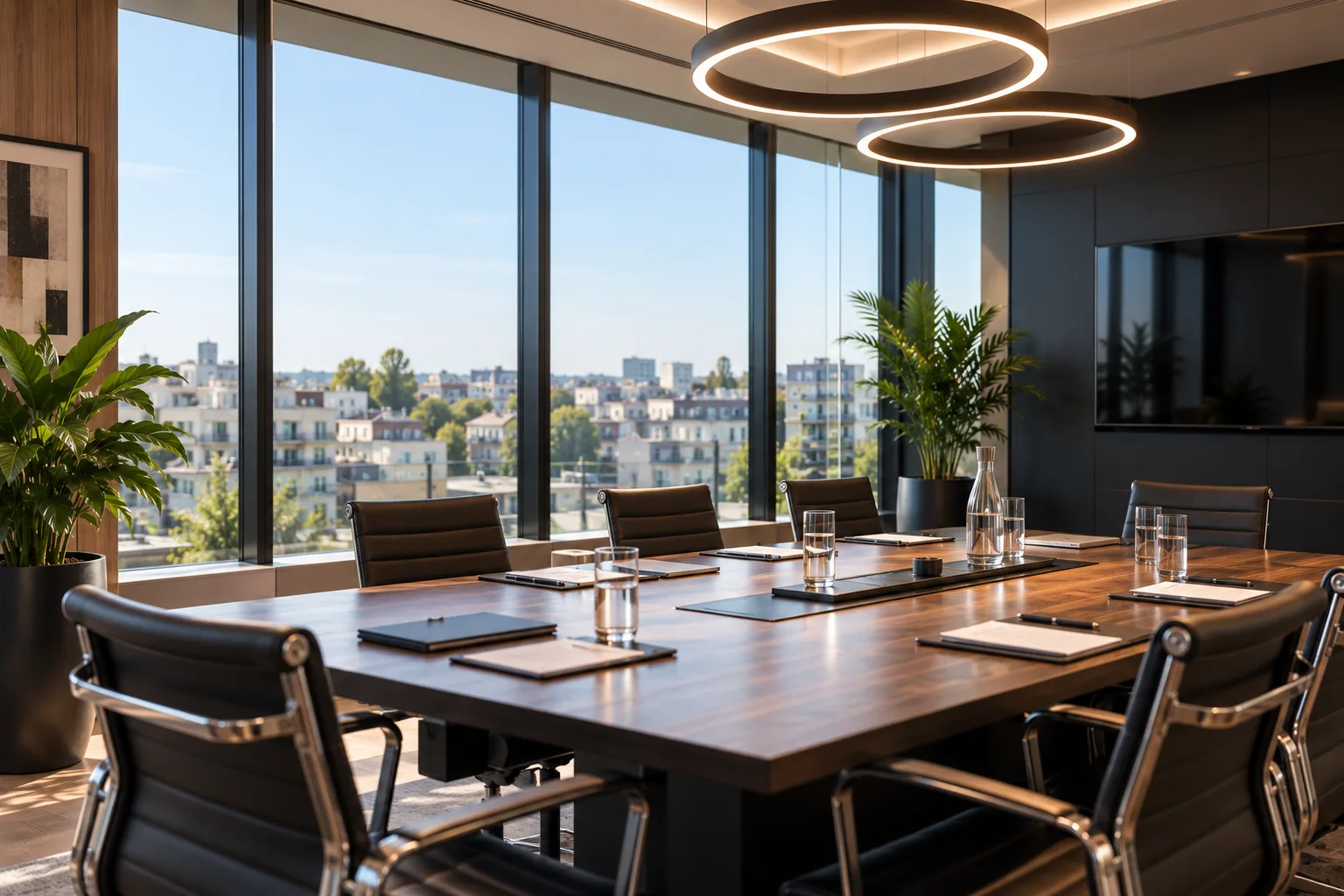 Salle de réunion contemporaine et lumineuse, mobilier premium, vue sur des immeubles résidentiels.