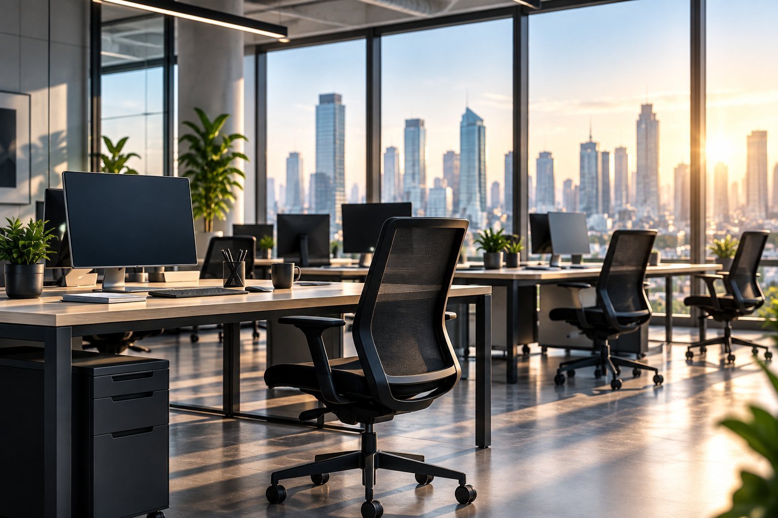 Bureau moderne avec postes de travail vides.