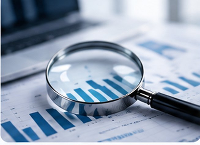 Loupe posée sur des graphiques financiers.