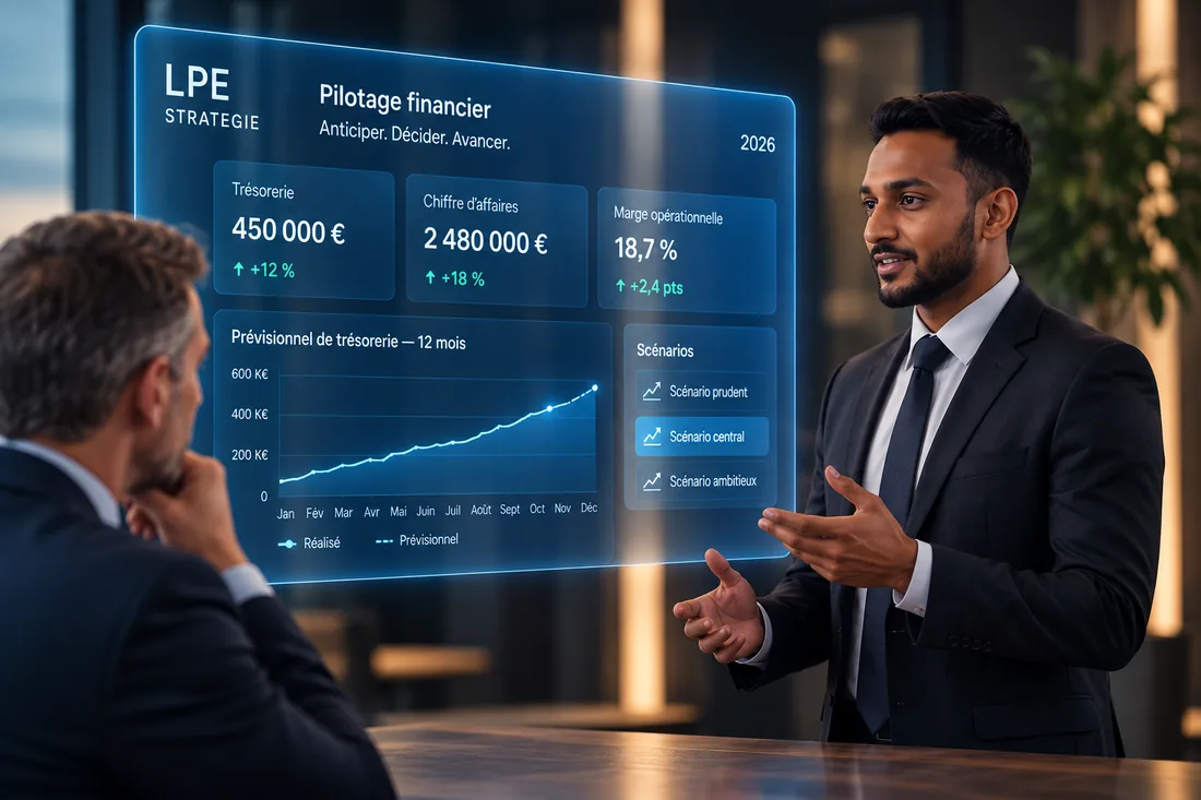 Un consultant LPE STRATEGIE et un dirigeant analysent ensemble un tableau de bord de pilotage financier.