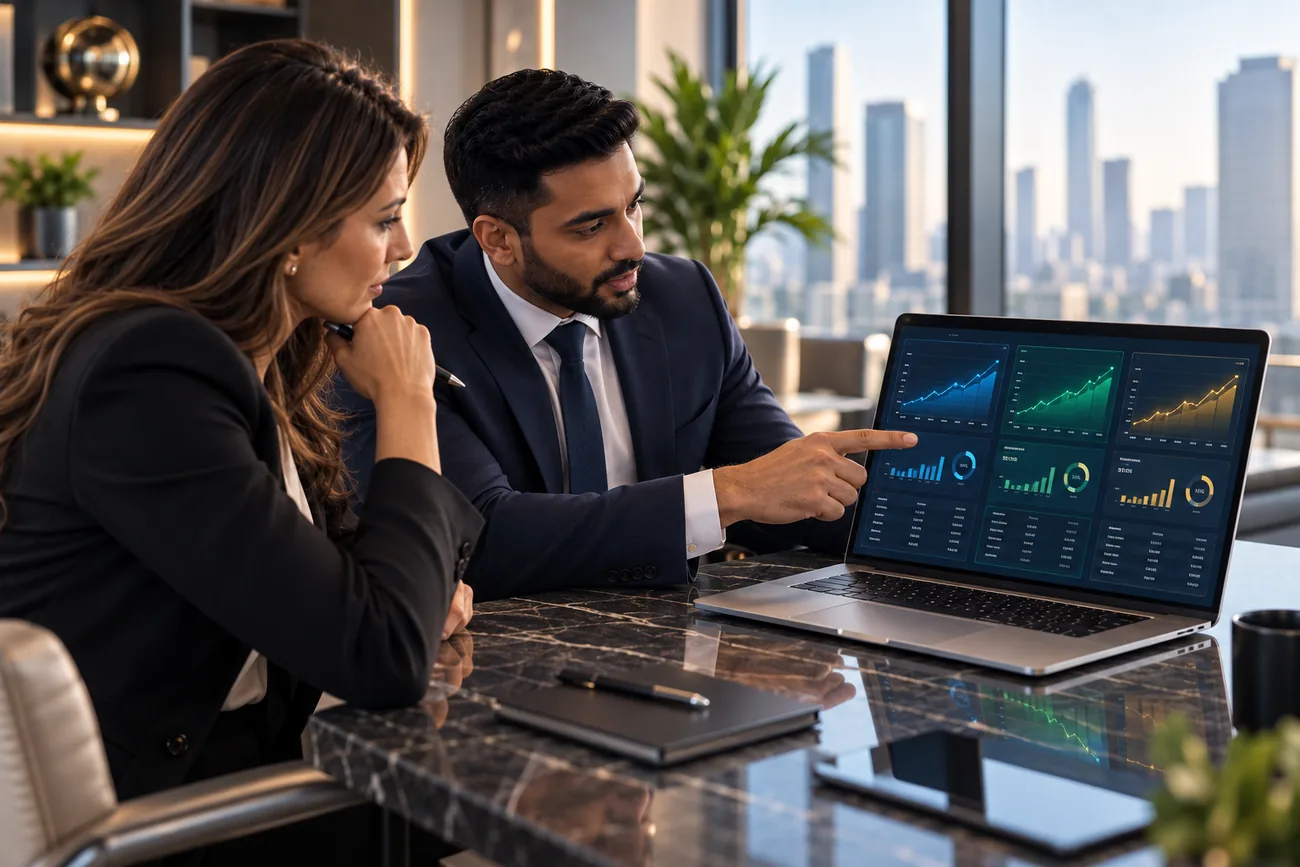 Un consultant LPE STRATEGIE et une dirigeante analysent ensemble un tableau de bord financier sur un ordinateur.